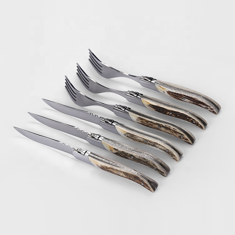 3 Knifes and 3 Forks True Deer Handle Laguiole Cutlery Set