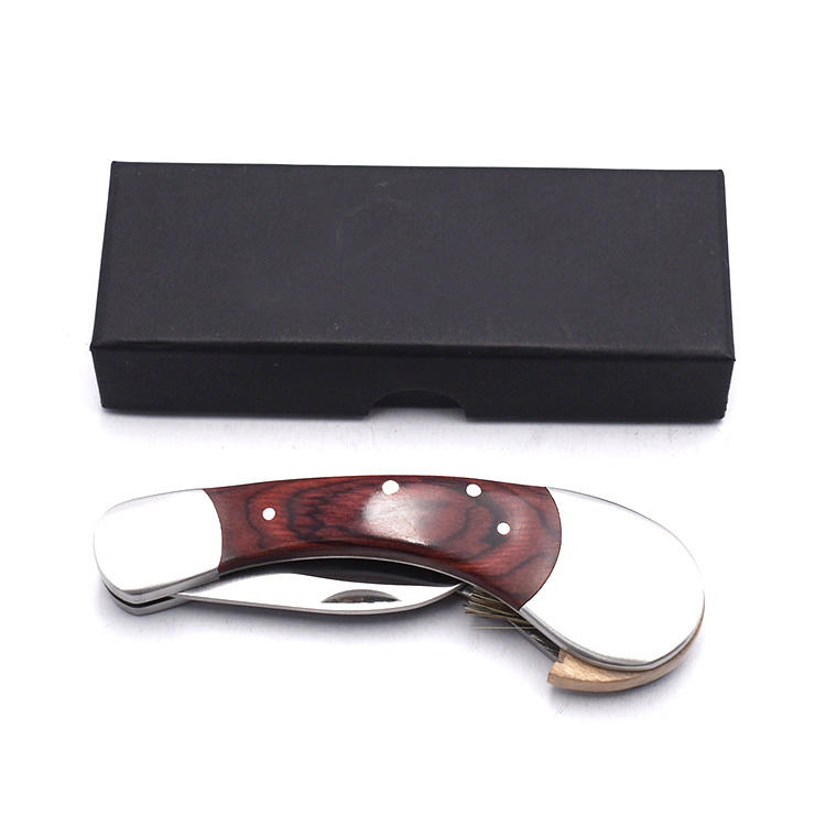 New arrival red pakka  wood handle steel 3cr14 pocket  knife mushroom  knife with folding  and folding brush