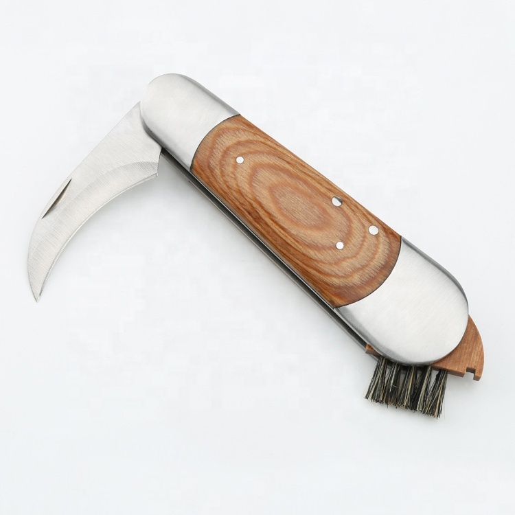 luxury design Wood handle stainless steel mushroom cutting tool folding pocket knife with brush