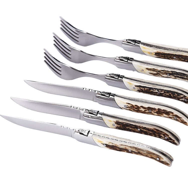 Six Cased Genuine Stag Horn/Antler Handle Steak Knives and forks  Made In China  Free Engraving