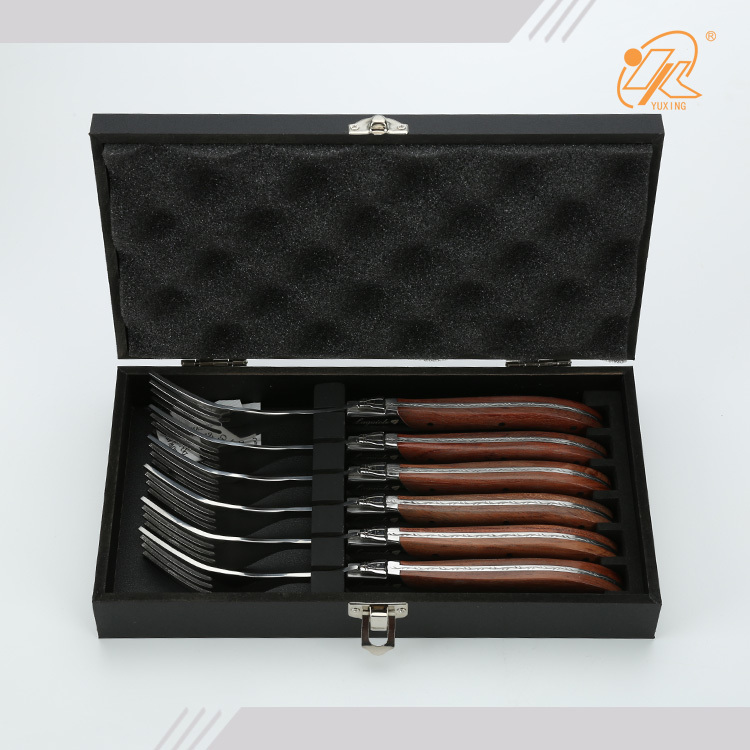 Amazon hot selling 6pcs Stainless Steel Steak fork dinner forks with Wooden Handle in wooden box for Home Kitchen