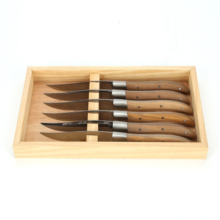 laguiole steak knife 6 Piece Olive Wood Handle Stainless Steel Table Steak Knife Set with olive handle