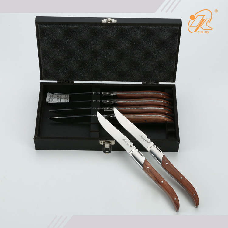 Amazon hot sale stainless steel wooden handle kitchen accessories 6pcs steak knives meat cutting knives with wooden box